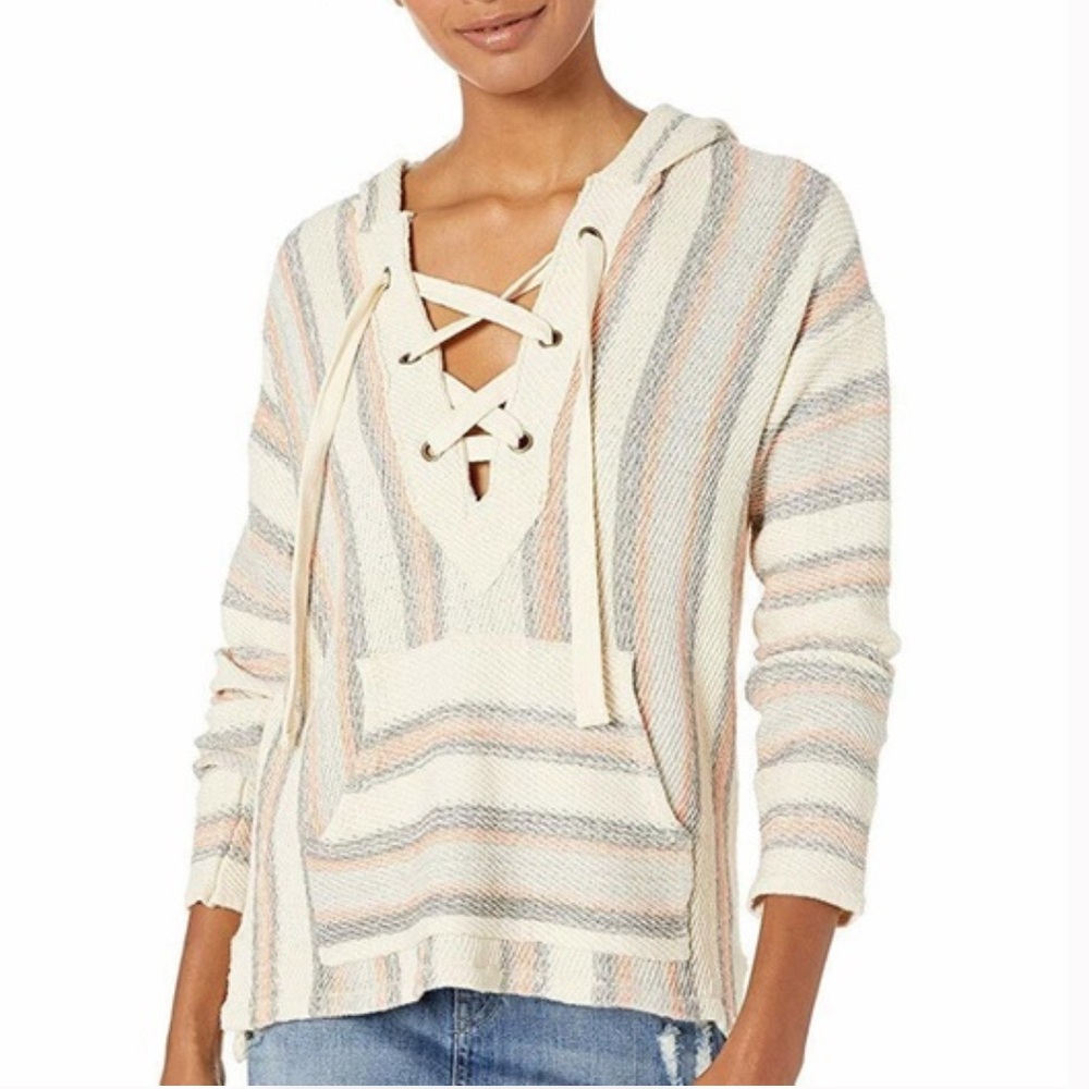 🛍 6 for $35 • Rip Curl Sand Multicolor Striped My Tide Lace Up Poncho Hoodie - Picture 1 of 16